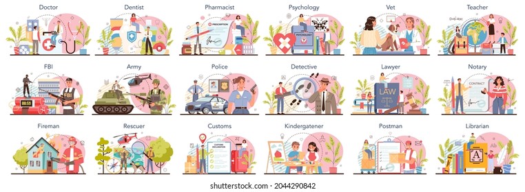 Budget profession set. Government and social profession. Education, healthcare, judicial system and army. Veterinarian, firefighter, lawyer, postman. Isolated flat vector illustration