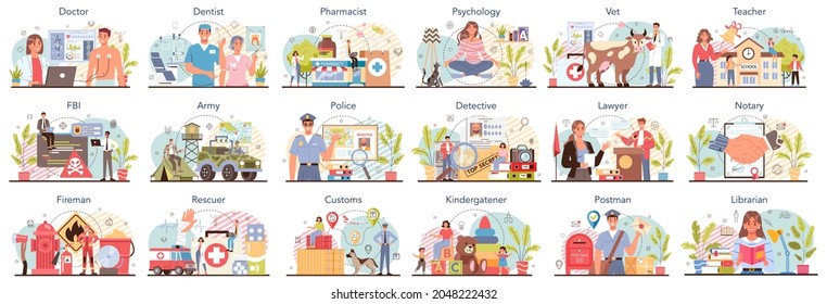 Budget profession set. Government and social profession. Education, healthcare, judicial system and army. Veterinarian, firefighter, lawyer, postman. Isolated flat vector illustration