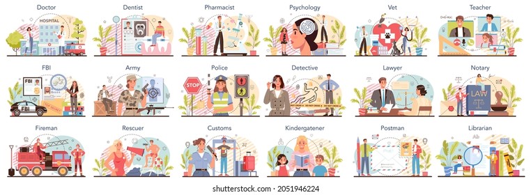 Budget profession set. Government and social profession. Education, healthcare, judicial system and army. Veterinarian, firefighter, lawyer, postman. Isolated flat vector illustration