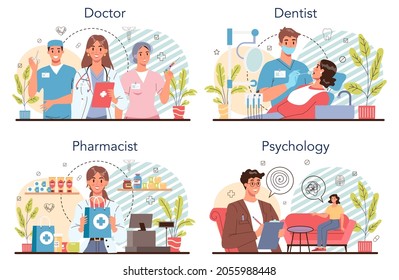 Budget profession set. Government and social profession. Healthcare system worker. Doctor, dentist, pharmacist and therapist. Isolated flat vector illustration