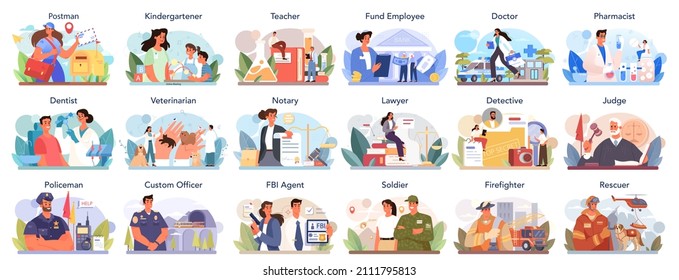 Budget profession set. Government and social profession. Education, healthcare, judicial and bank system, police and army. Veterinarian, firefighter, postman. Flat vector illustration