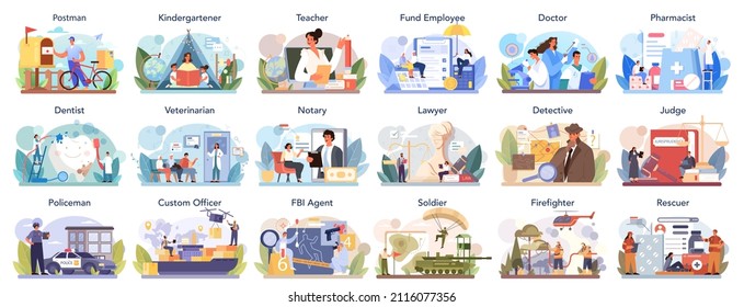 Budget profession set. Government and social profession. Education, healthcare, judicial and bank system, police and army. Veterinarian, firefighter, postman. Flat vector illustration