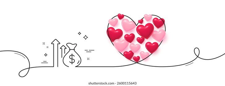 Budget profit line icon. Continuous line big heart. Money loan sign. Cash profit symbol. 3d hearts in heart shaped loop. Budget single line ribbon. Loop curve pattern. Vector