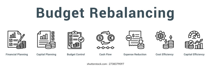 Budget Rebalancing  Modern and clean web banner illustration vector featuring thematic icons