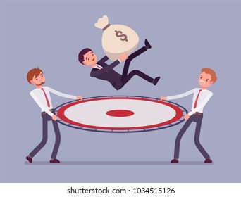 Budget saving net. Young businessmen catching a person jumping with money sack, financial service help to keep business, income safe, rescue from risks, danger. Vector flat style cartoon illustration