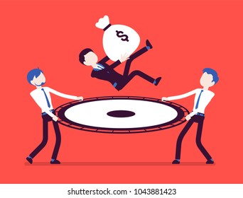 Budget saving net. Young businessmen catching a person jumping with money sack, financial help to keep business, income safe, rescue from risks, danger. Vector illustration with faceless characters