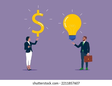 Budget or sponsorship. Businesswoman give dollar money to lightbulb business idea. Funding startup idea, fundraising to start business, venture capital. Flat vector illustration.