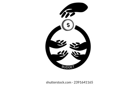 budget symbol, hand throwing a coin into a piggy bank, hands waiting for a coin