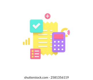 Budget tax accounting receipt financial analyzing 3d icon realistic vector illustration. Analysis calculating finance data examining chart graph control accountancy strategy plan payment bill invoice