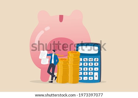 Budget, tax, expense and cost calculation, investment advisor or financial planning concept, smart businessman holding bills and budget plan with savings piggybank and calculator.
