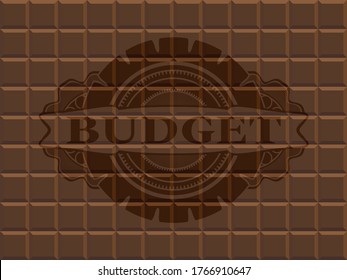 Budget text inside chocolate badge. Brown luxurious background. Intense illustration. 