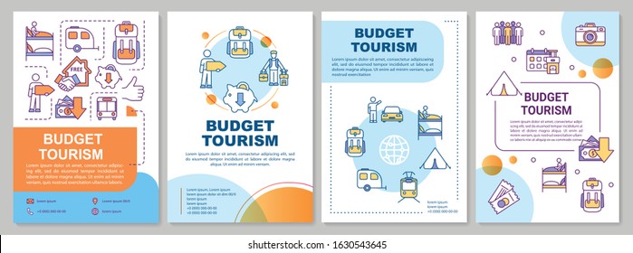 Budget tourism brochure template. Staying in hostel. Public transport. Flyer, booklet, leaflet print, cover design with linear icons. Vector layouts for magazines, annual reports, advertising posters