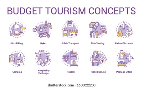 Budget tourism concept icons set. Affordable travel idea thin line RGB color illustrations. Money saving tips for tourists. Cheap transport and rest. Vector isolated outline drawings. Editable stroke