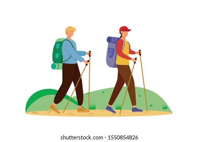 Budget tourism flat vector illustration. Hiking activity. Cheap travelling choice. Active vacation. Couple on a mountain trip. Walking tour isolated cartoon character on white background