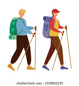 Budget tourism flat vector illustration. Hiking activity. Cheap travelling choice. Active vacation. Young people on a mountain trip. Walking tour isolated cartoon character on white background
