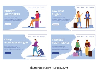 Budget tourism landing page vector template set. Best travel deals website interface idea with flat illustrations. Low cost flights homepage layout. Cheap tickets web banner, webpage cartoon concept