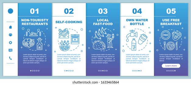 Budget Tourism Nutrition Onboarding Vector Template. Affordable Meals And Money Saving Opportunities. Responsive Mobile Website With Icons. Webpage Walkthrough Step Screens. RGB Color Concept