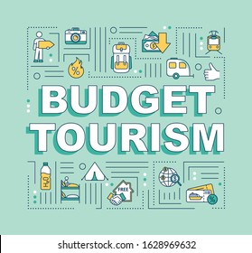 Budget tourism word concepts banner. Camping. Cheap accommodations. Advance booking. Infographics with linear icons on green background. Isolated typography. Vector outline RGB color illustration