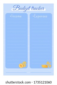 Budget tracker creative planner page design. Count money in list. Grid for income and expense. Accounting blue bullet journal color sheet. Printable diary layout. Notebook vector template