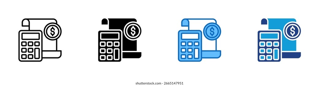 Budget Tracker - Multi Style Icon Sheet Vektordesign - Taschenrechner und Kasse, symbolisiert Budgetierung oder Ausgabenkontrolle