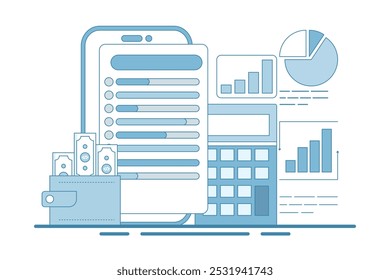 Seguimiento de presupuesto a través del dispositivo, el App de presupuesto administra las finanzas mediante el seguimiento de los ingresos, diseñado para ayudar a gastar, para el Sitio web, página de inicio, página de destino, Plantilla, Anuncio en estilo plano moderno.