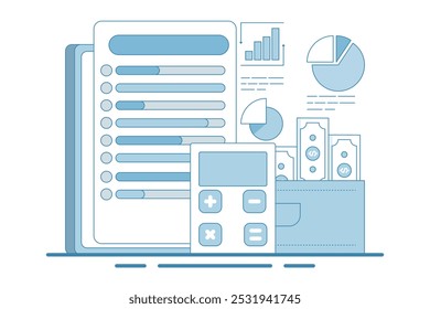 Seguimiento de presupuesto a través del dispositivo, el App de presupuesto administra las finanzas mediante el seguimiento de los ingresos, diseñado para ayudar a gastar, para el Sitio web, página de inicio, página de destino, Plantilla, Anuncio en estilo plano moderno.