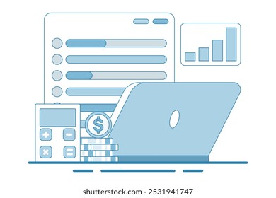 Seguimiento de presupuesto a través del dispositivo, el App de presupuesto administra las finanzas mediante el seguimiento de los ingresos, diseñado para ayudar a gastar, para el Sitio web, página de inicio, página de destino, Plantilla, Anuncio en estilo plano moderno.