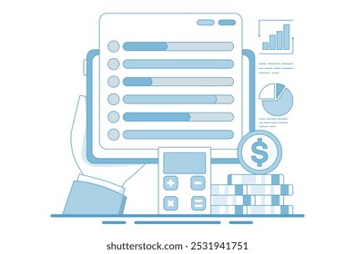 Budget tracker via device, Budgeting app manage finance by tracking income, designed to help spending, for website, homepage, landing page, template, banner in modern flat style.