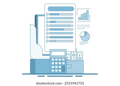 Budget tracker via device, Budgeting app manage finance by tracking income, designed to help spending, for website, homepage, landing page, template, banner in modern flat style.