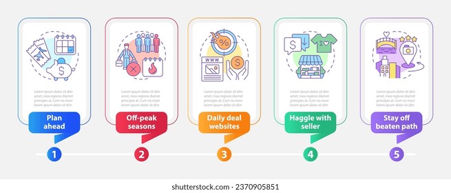 Budget travel rectangle infographic template. Save trip money. Data visualization with 5 steps. Editable timeline info chart. Workflow layout with line icons. Myriad Pro-Bold, Regular fonts used