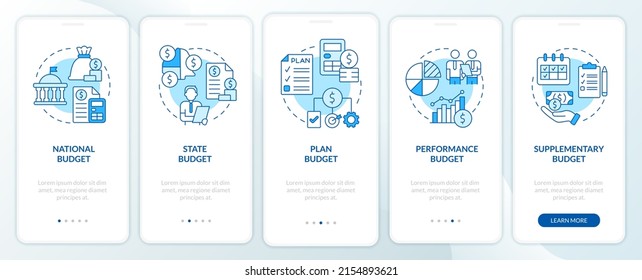 Budget types blue onboarding mobile app screen. National and state plan walkthrough 5 steps graphic instructions pages with linear concepts. UI, UX, GUI template. Myriad Pro-Bold, Regular fonts used
