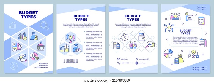 Budget types brochure template. Financial program and plan. Leaflet design with linear icons. 4 vector layouts for presentation, annual reports. Arial-Black, Myriad Pro-Regular fonts used