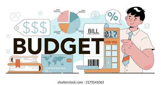 Budget typographic header. Student studying global economics and money. Idea of business capital, investment and market. Vector illustration in cartoon style