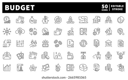 Iconos de vector de presupuesto en estilo de línea. Conjunto de iconos de presupuesto. Iconos de dinero colección