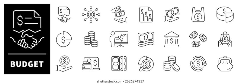 Ícones de vetor de orçamento. Ícones de linha fina definidos relacionados a orçamento e finanças.  Dinheiro, orçamento, poupança, empréstimo, dinheiro, ganho, renda, carteira, moeda, dólar, cartão de crédito, moeda, símbolos de receita