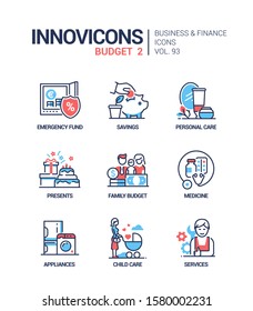 Budget - vector line design style icons set. Financial management mobile app idea. Emergency fund, savings, cosmetics, presents, family expenses, medicine, appliances, child care, services images