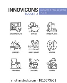 Budget - vector line design style icons set. Financial management mobile app idea. Emergency fund, savings, cosmetics, presents, family expenses, medicine, appliances, child care, services images