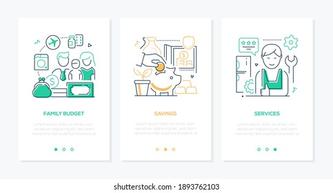 Budget - vector line design style icons set with copy space for text. Financial management, finance mobile app, planning, banking idea. Savings, family expenses, services icons. Piggy bank, wallets