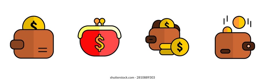 Budget wallet coin icon set collection featuring dollar sign, loose change, coin spill, fallen coins, pocket money, spending vector illustration