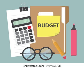 budget written on yellow sticky note on file documents - vector illustration