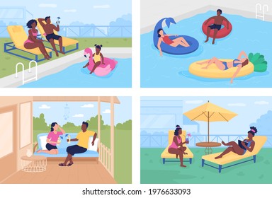 Budget-friendly summer retreats flat color vector illustration set. Patio garden. Outdoor seating. Swimming pool in backyard 2D cartoon faceless characters collection with green area on background