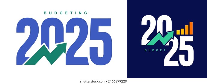 Diseño del logotipo de Presupuestos 2025. Conjunto de Plantillas de diseño de Anuncios presupuestarios para 2025. Texto de 2025 con color verde y azul. Precio levantarse. Los indicadores están subiendo. Vector. Diseño para empresas, agencias gubernamentales.