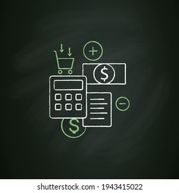 Icono de tiza de presupuesto.Crear un plan para gastar dinero.Distribución racional del dinero.Recuento de efectivo.Dinero de gasto prudente.Concepto de gasto significativo. Ilustración vectorial aislada en pizarra