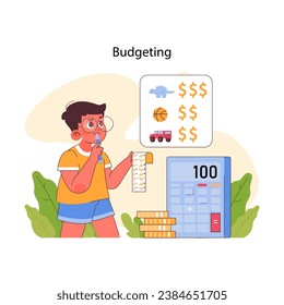 Budgeting concept. Boy calculates and assesses toy costs against savings, learning pocket money management. Acquiring life skills. Financial literacy for kids. Flat vector illustration