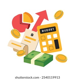 Budgeting concept illustration. Financial calculation, paper bill, calculator, money flow outcome income.