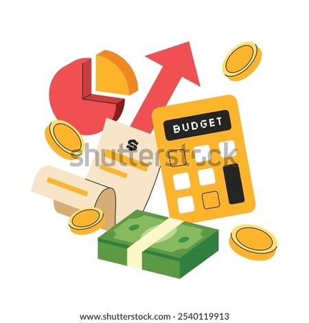 Budgeting concept illustration. Financial calculation, paper bill, calculator, money flow outcome income.