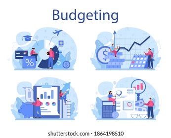 Budgeting concept set. Idea of financial planning and well-being. Currency balance and income. Money savings. Isolated flat illustration vector