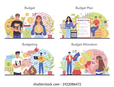 Budgeting concept set. Idea of financial planning and well-being. Currency balance and income. Money allocation. Isolated flat illustration vector