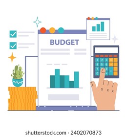 Budgeting-Konzept. Visueller Leitfaden zu effektiver Finanzplanung mit Taschenrechnern, Diagrammen und Checklisten. Dargestellte grundlegende Instrumente für die Haushaltsstrategie. Flache Vektorgrafik