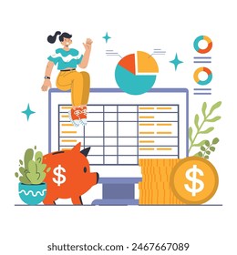 Budgeting Essentials concept. Cheerful woman with financial charts on a computer, piggy bank savings alongside. Fiscal responsibility, expense tracking. Flat vector illustration